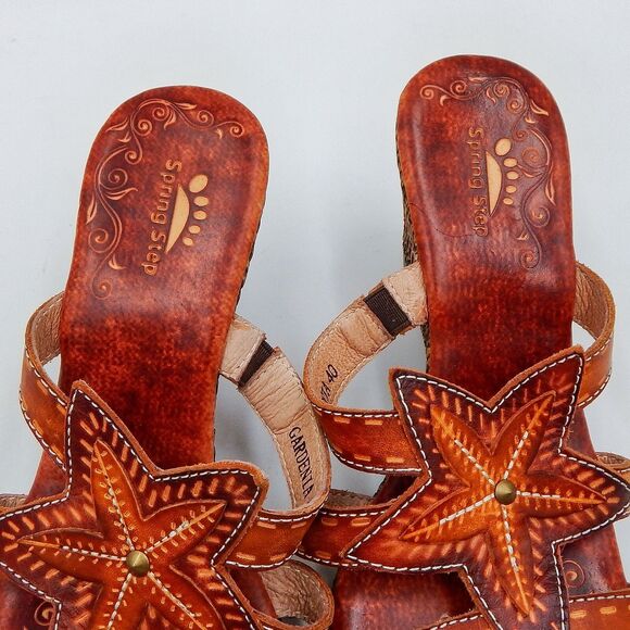 Spring Step Gardenia Leather Tan Brown Slip On Wedge Heel Sandal Size 40 - Picture 7 of 13